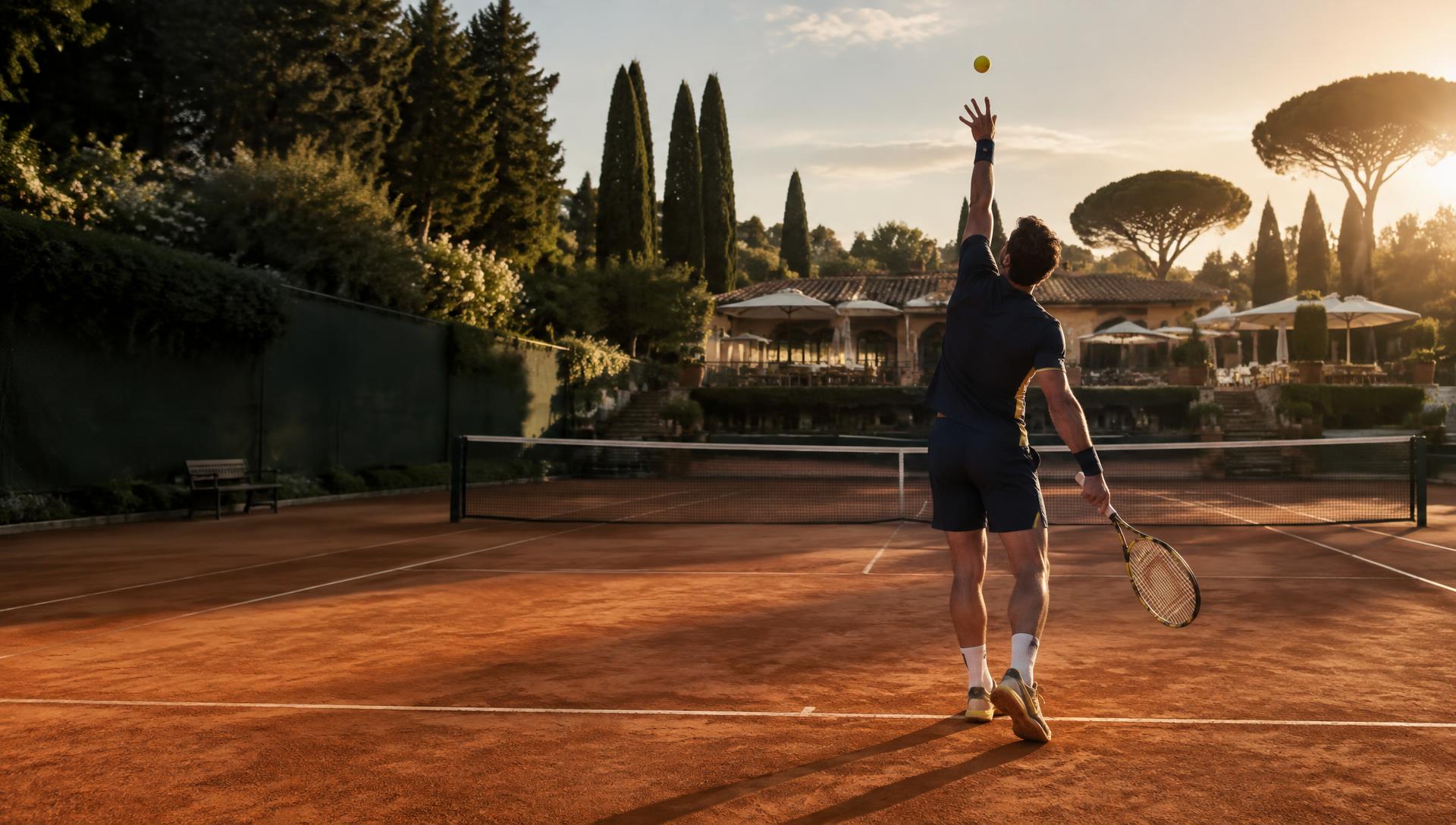Giocatore al servizio su un campo da tennis in terra rossa